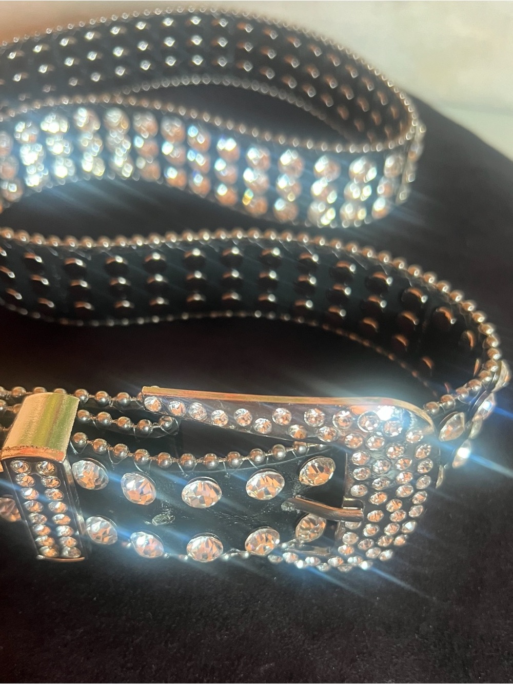 VTG Crystal-Studded Rivet Black Women's Belt - Sparkling Rhinestone Accent XL